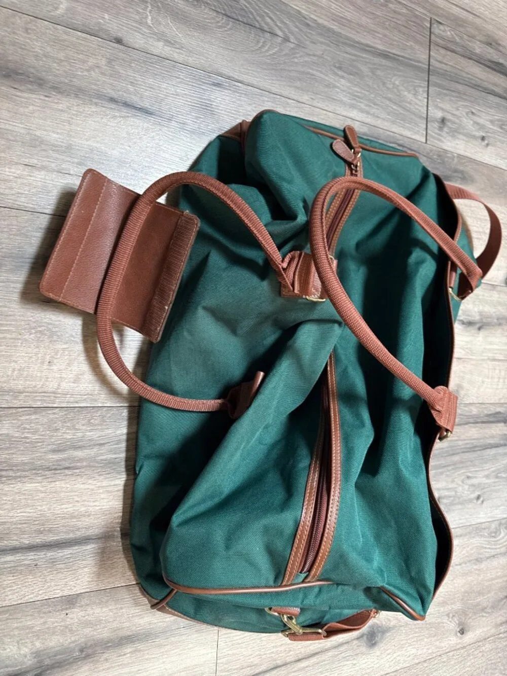 Ralph Lauren 1990's Green & Brown Canvas Duffel Bag Leather Trim And Adjustable